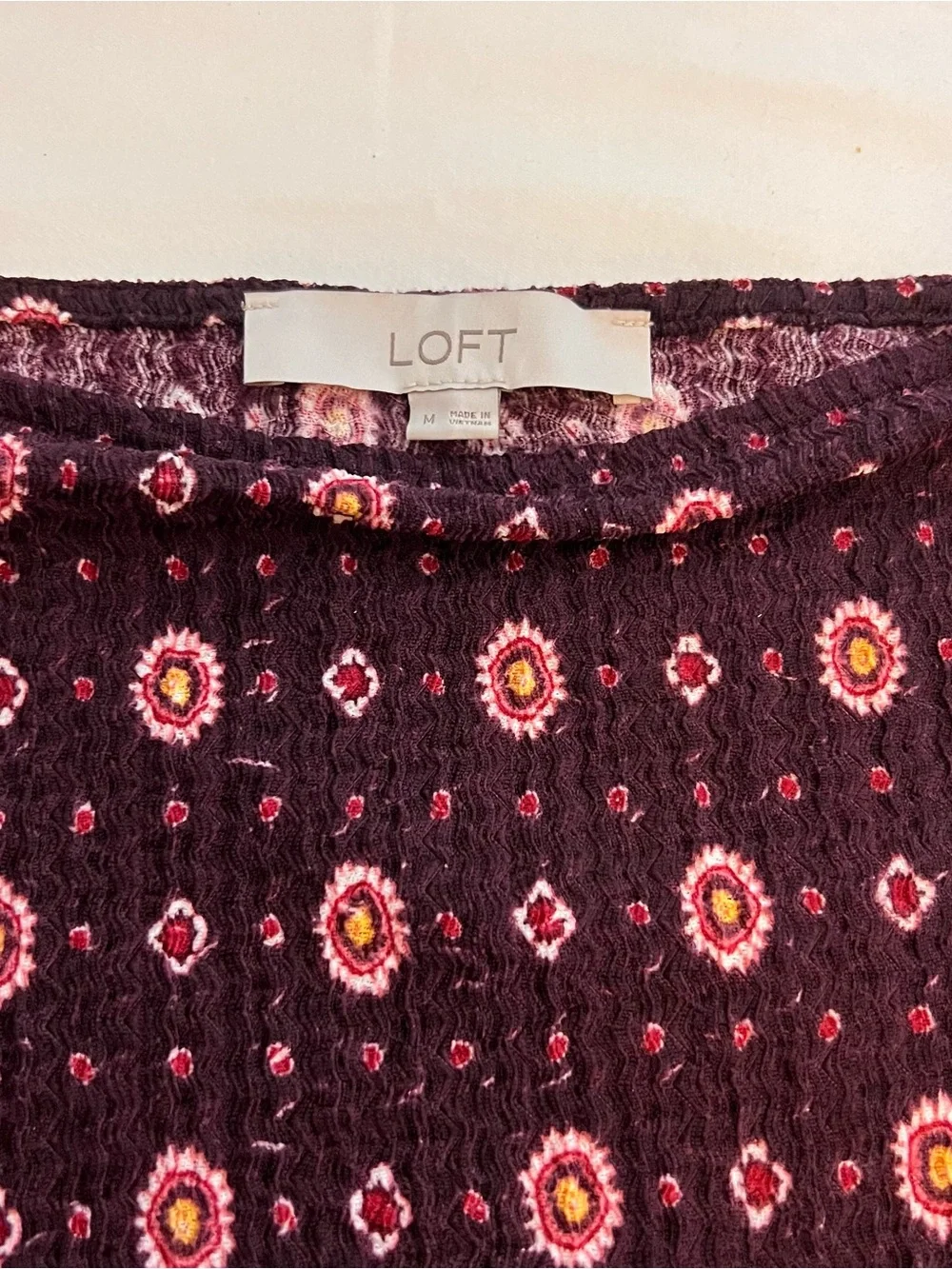 LOFT  Top with Pink Geometric Print and 3/4 Puff Sleeves